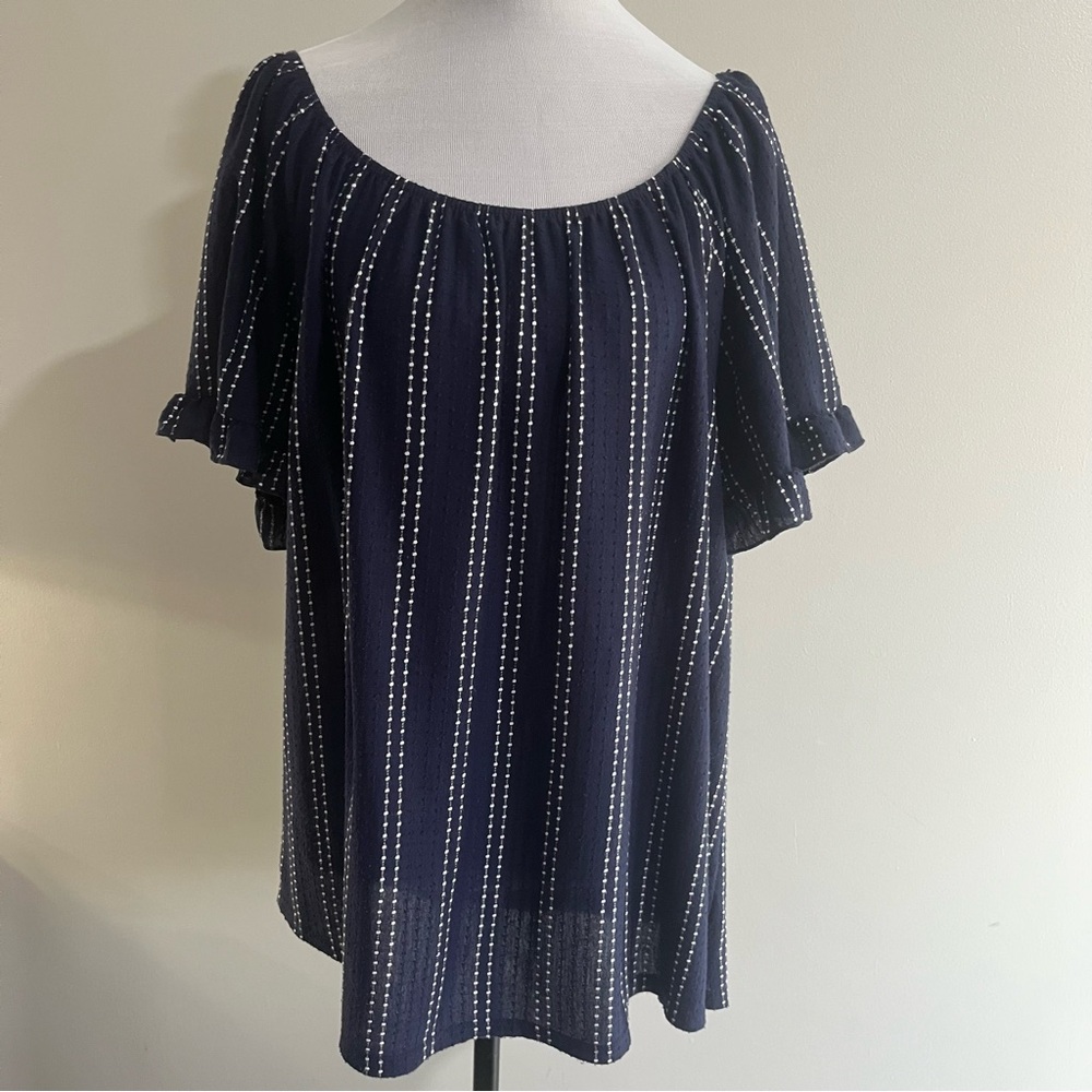 VINTAGE W5 Anthropology Blue & White Embroidered Women's PLUS Shirt Top Blouse